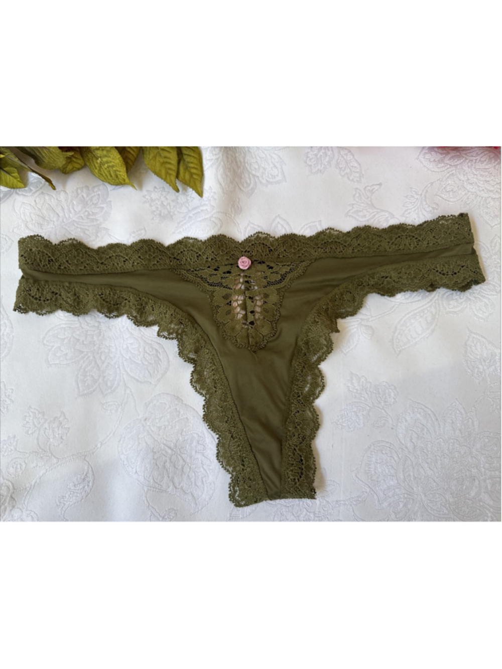 VICTORIA'S SECRET XS GREEN SILKY W LACE PINK ROSETTE STRING THONG PANTIES NWT